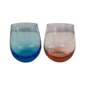 Vintage Set Of 2 Blown Glass Tumblers Blue & Pink